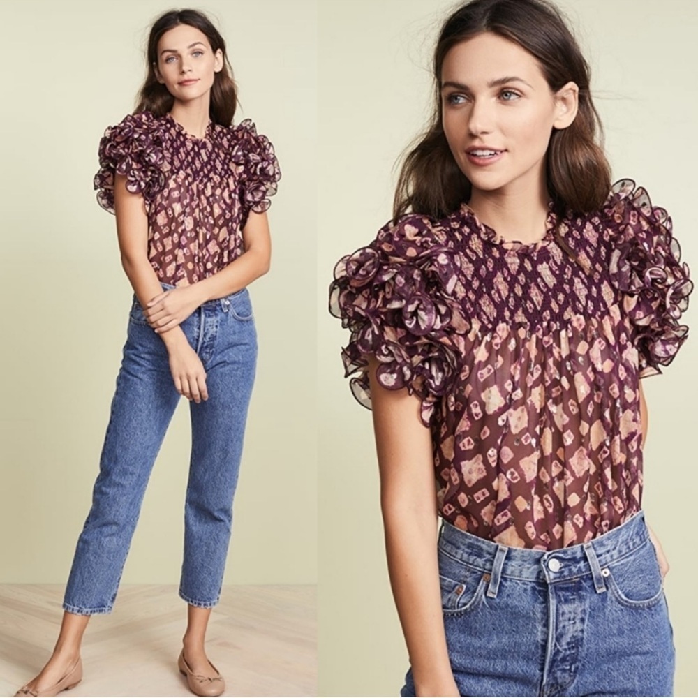 Ulla Johnson Melina Ruffle Sleeve Silk Top Size 0